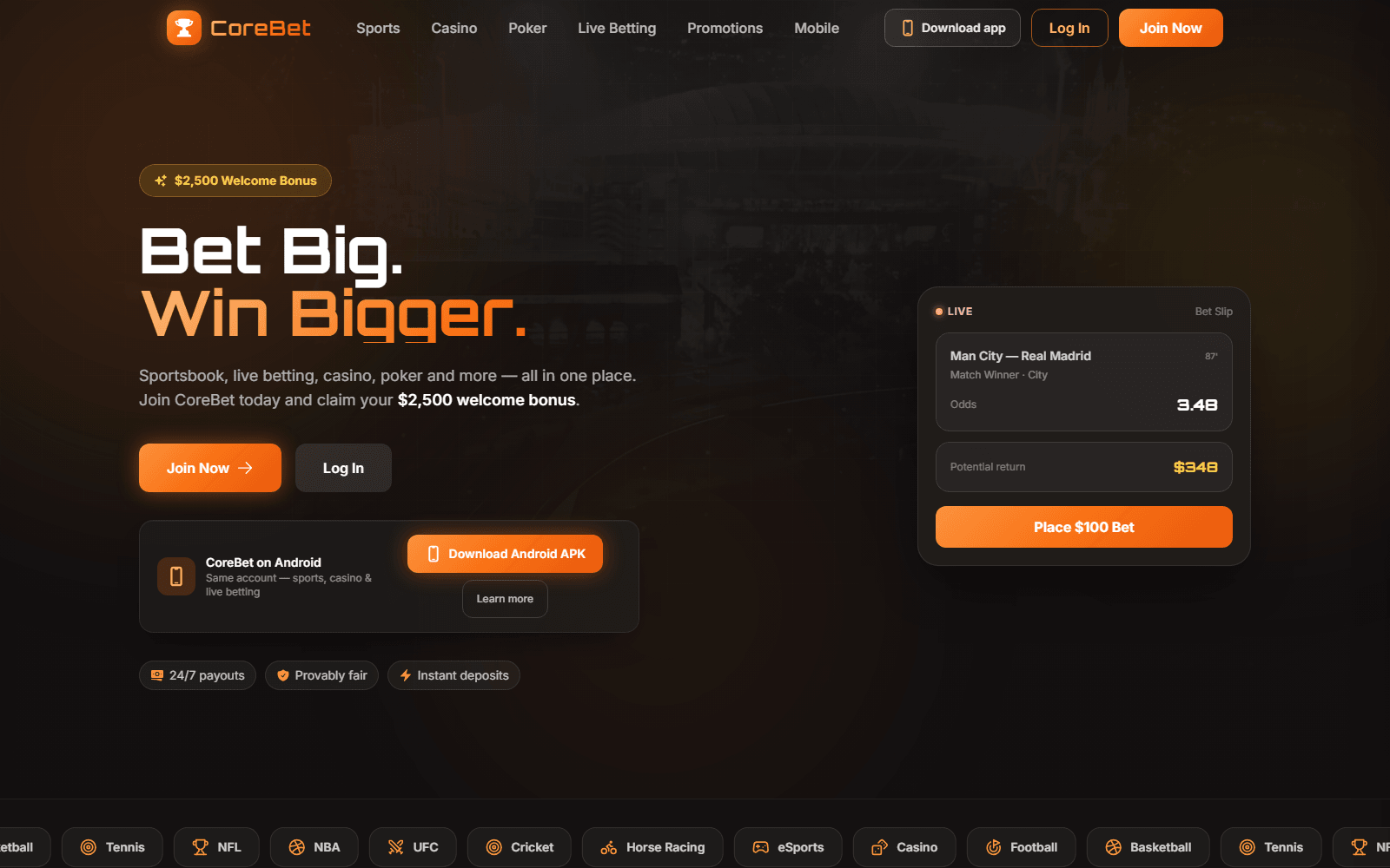 CoreBet public landing page