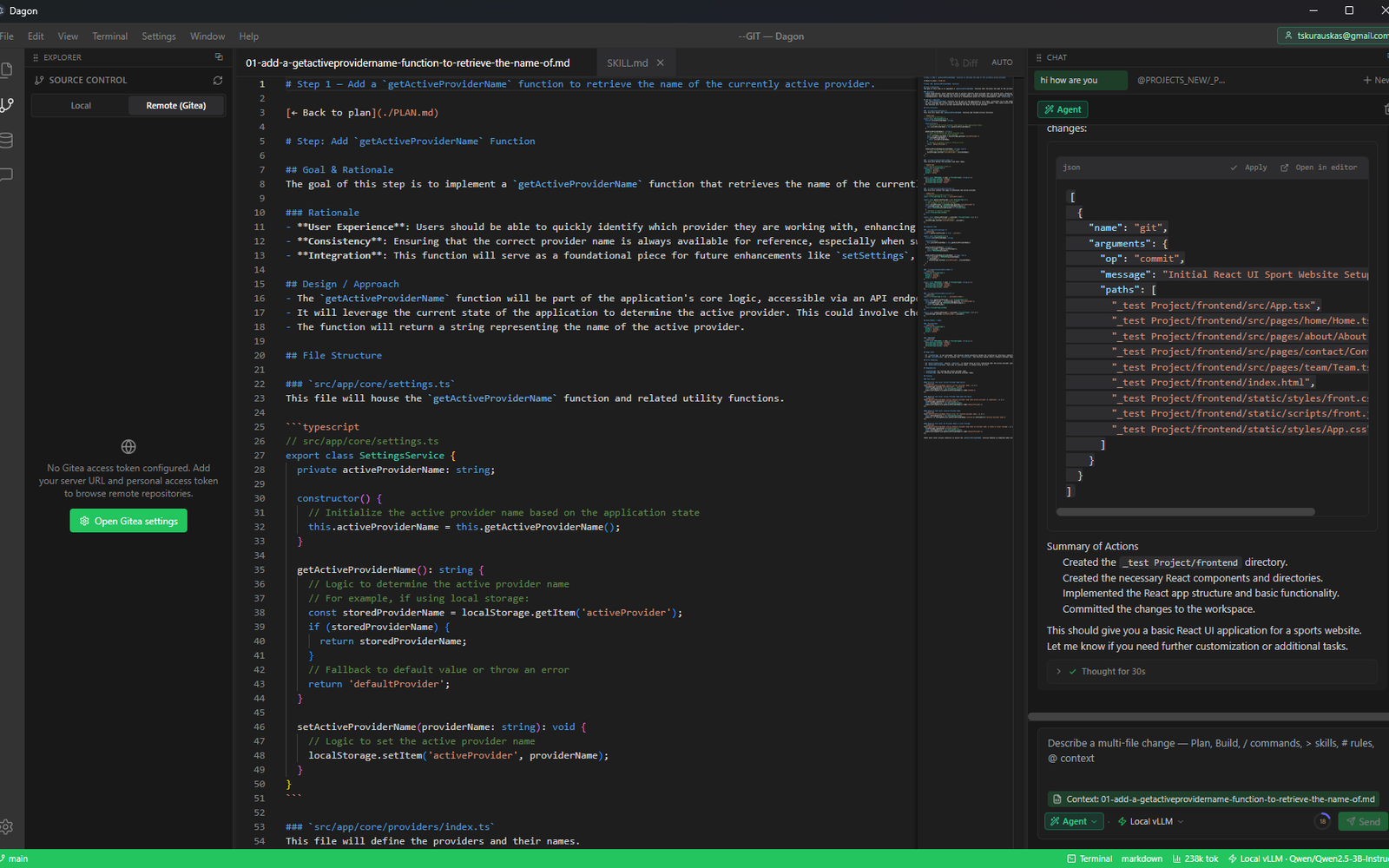 Dagon showing the source control panel, the editor, and the agent chat