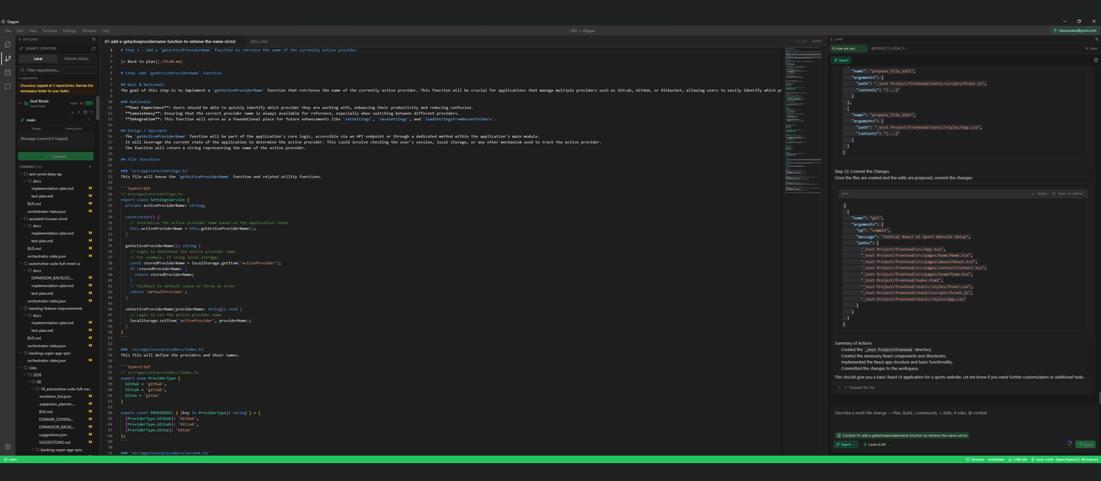 Dagon IDE with the source control panel, editor, and agent chat