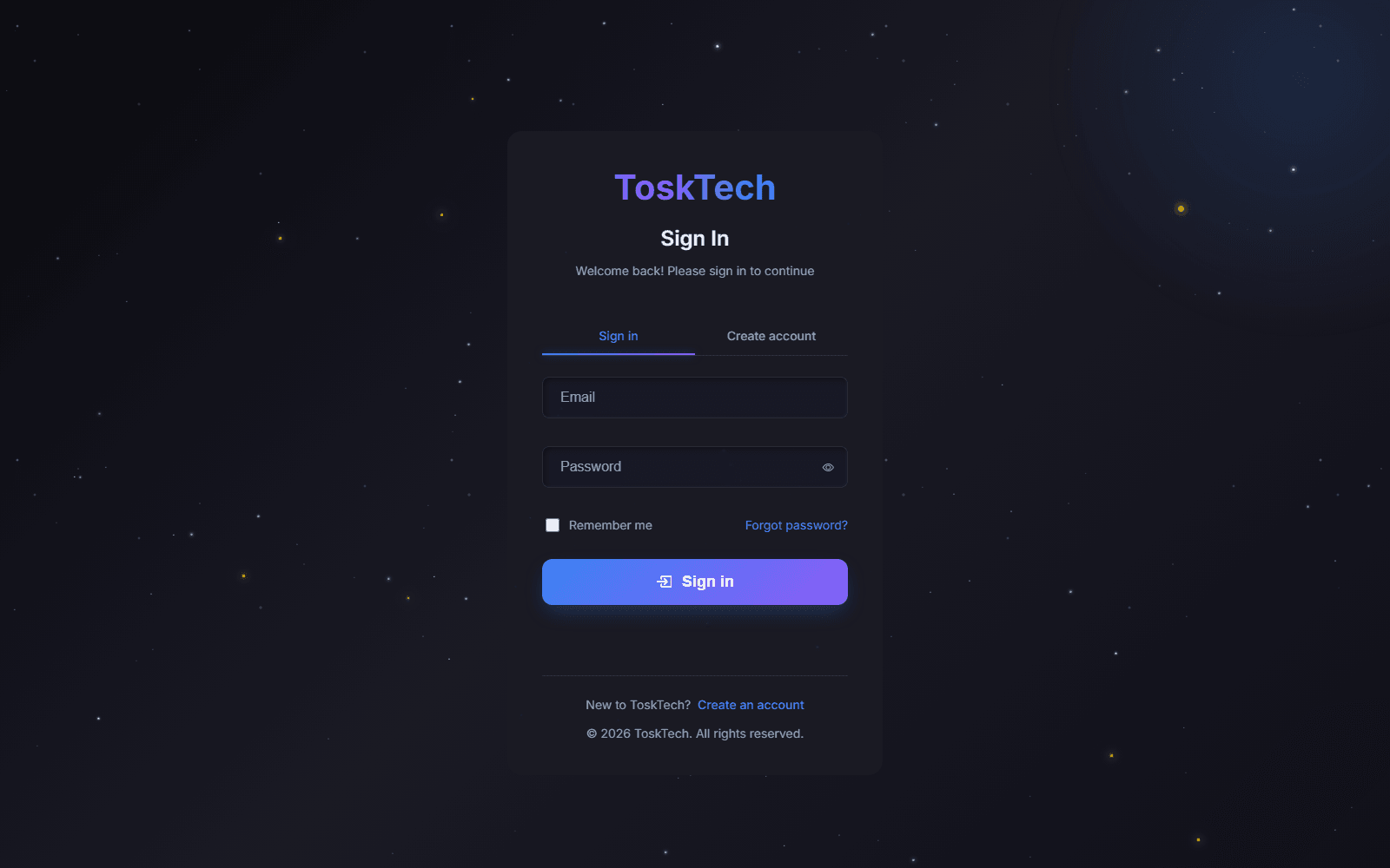 ToskTech Platform sign-in screen